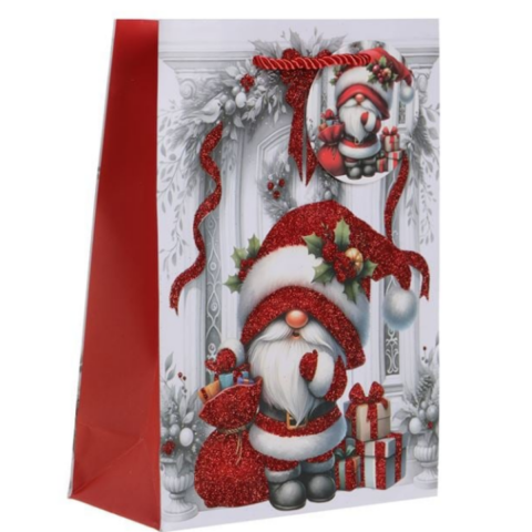 Noel Hediye Çantası Kırmızı Simli Noel Baba Cücesi 18x8x24cm