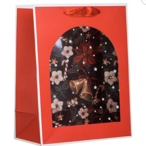 Pencereli  Kırmızı Yılbaşı Hediye Çantası 18x10x23cm