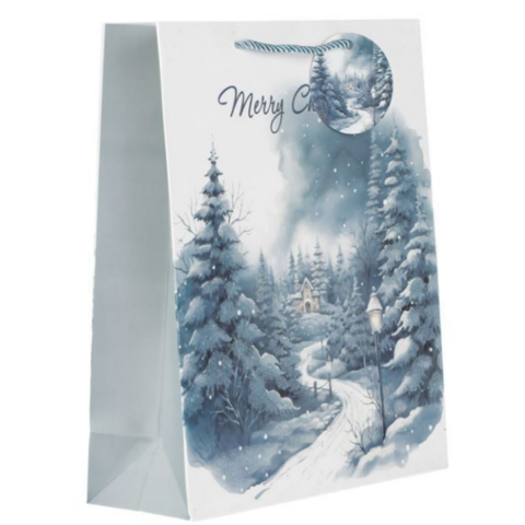 Yılbaşı İçin Hediye Çantası Karlı Manzara Açık Mavi Simli 26x10x32cm