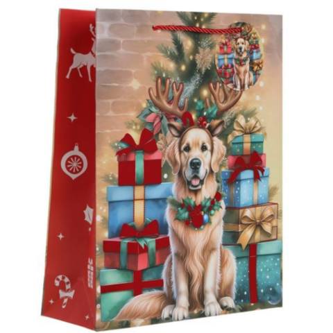 Noel Hediye Çantası Kırmızı Folyo ile Köpek Noel Ağacı 26x10x32cm, Köpekli Yılbaşı Hediye Çantası