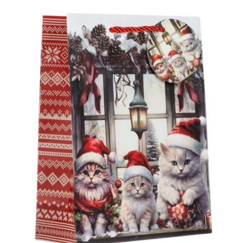 Yılbaşı Hediye Çantası Kediler Kırmızı Şapka Holografik Simli 18x8x24cm