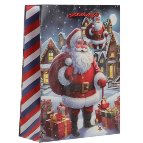 Noel Hediye Çantası Karlı Manzarada Noel Baba Holografik Simli 18x8x24cm