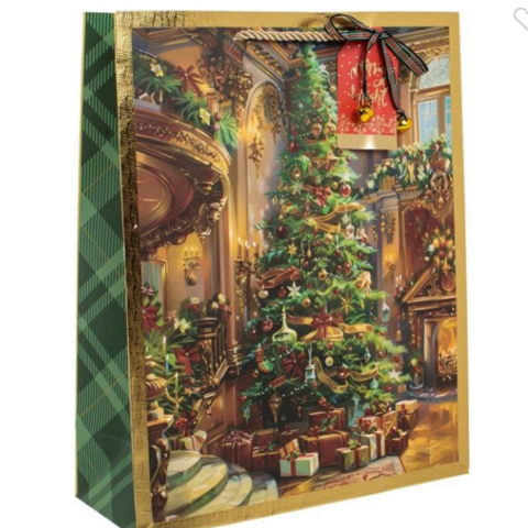 Altın Varaklı Yılbaşı Çantası, Karton Yılbaşı Hediye Poşeti