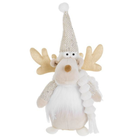 Yılbaşı Dekoratif Ren Geyiği Figürlü Ekru Örgü Şapka 28cm, Ren Geyiği