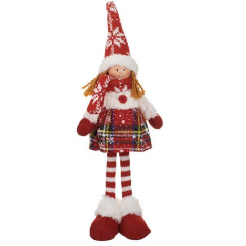 Noel Figürlü Melek Kırmızı Ekose Elbise 35cm