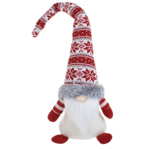 Noel Dekoratif Figürü Noel Baba Cücesi Kırmızı Jakarlı Şapka Gri Kürk 42 cm