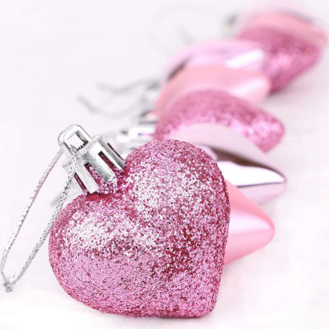 Kalp Şeklinde Yılbaşı Ağacı Süsü – 6’lı Set (2 Farklı Renk | Gold / Pembe)